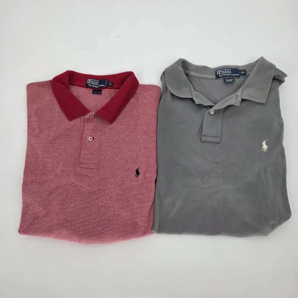 Polo Ralph Lauren Men's Polo Shirt XL Lot Of 2 Red Striped‎ Gray Solid Vintage